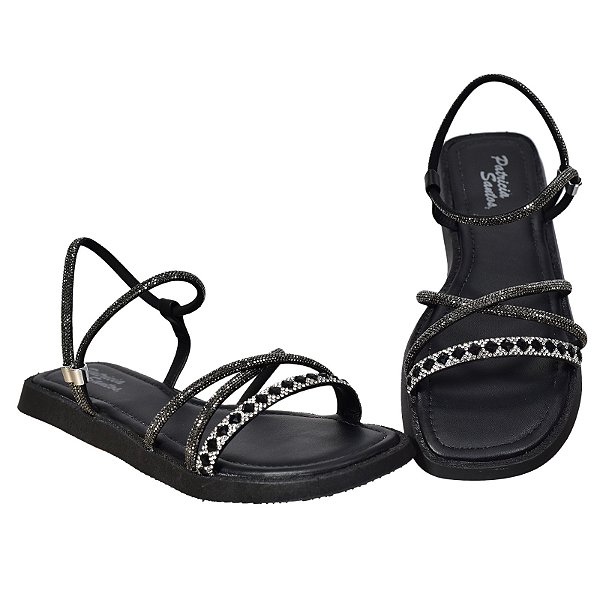 Flat Patrícia Santos Preto com Strass Calce Fácil