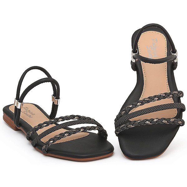 Sandália Rasteira Patrícia Santos Preto Calce Fácil