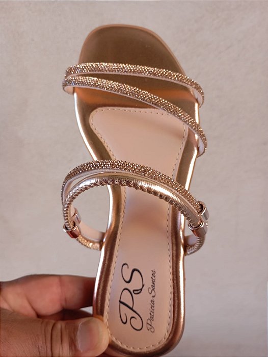 Sandália Rasteira Patrícia Santos Cobre Strasss Calce Fácil