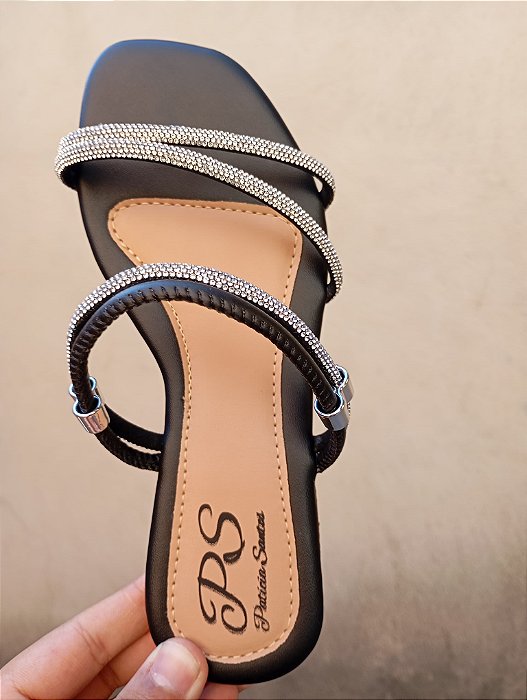 Sandália Rasteira Patrícia Santos Preto Strass Calce Fácil