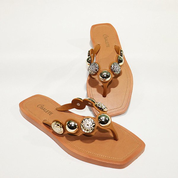 Chinelo Feminino STE265 Caramelo com Bolas ABS Cromadas