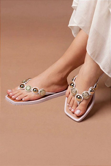 Chinelo Feminino STE265 Branco com Bolas ABS Cromadas