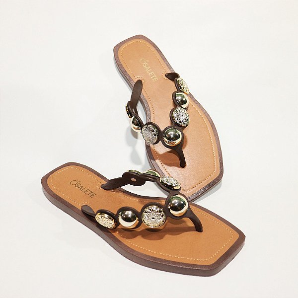 Chinelo Feminino STE265 Marrom com Bolas ABS Cromadas