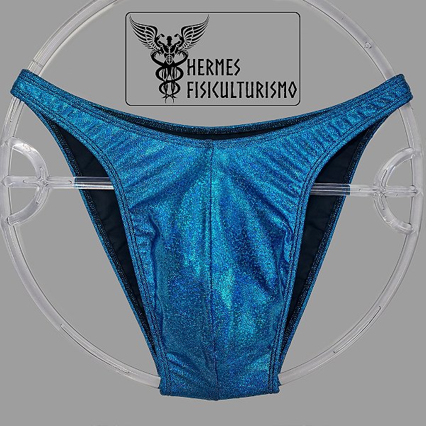 Sunga Bodybuilder Turquesa com Preto Brilhante Holográfica - Corte Tradicional