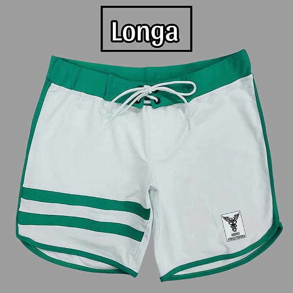 Bermuda Men's Physique Longa Branca com Esmeralda e Listras