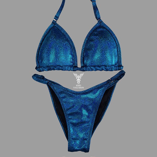 Biquíni Fit Model NPC – Turquesa com Preto Brilhante Holográfico
