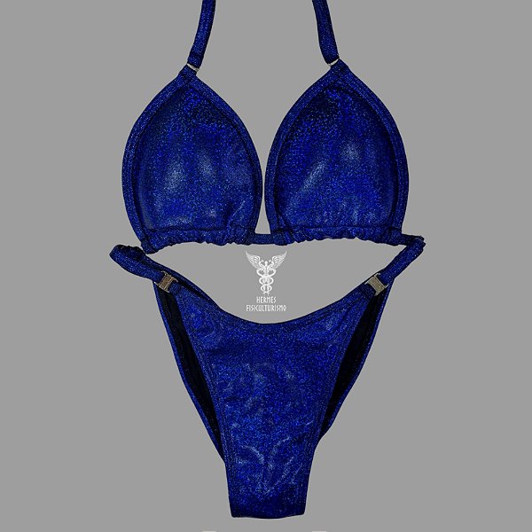Biquíni Fit Model NPC – Azul com Preto Brilhante Holográfico