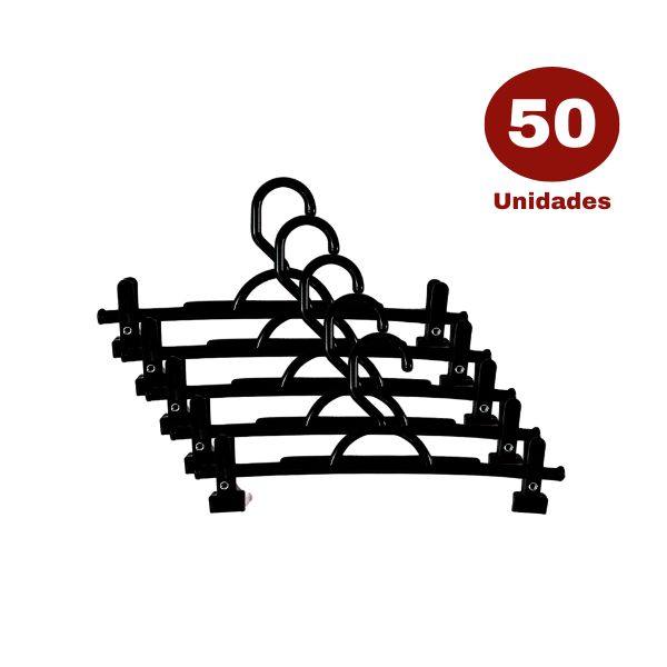 Cabide de Saia C/ Presilha em Plástico Preto - Kit 50 Unidades