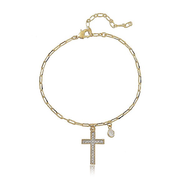 Pulseira Banhada Cadeado Cruz Cravejada e Ponto de Luz Zircônia
