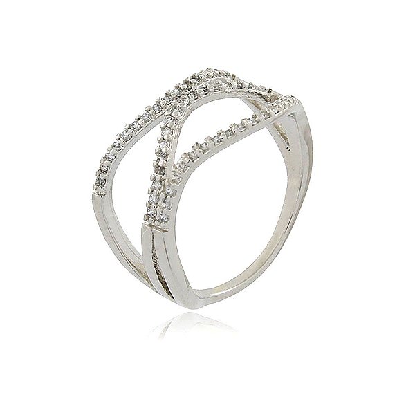 Anel Ródio Branco Fio Triplo Ondulado Cravejado com Zircônias