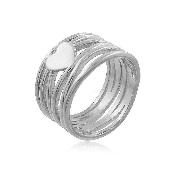 Anel Ródio Branco Seis Fios Coração Liso