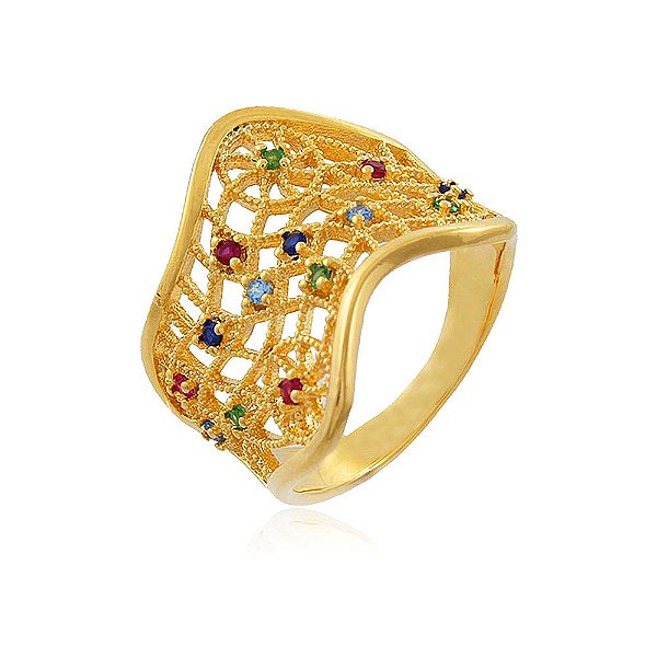 Anel Banhado Frente Vazada com Zircônias Coloridas