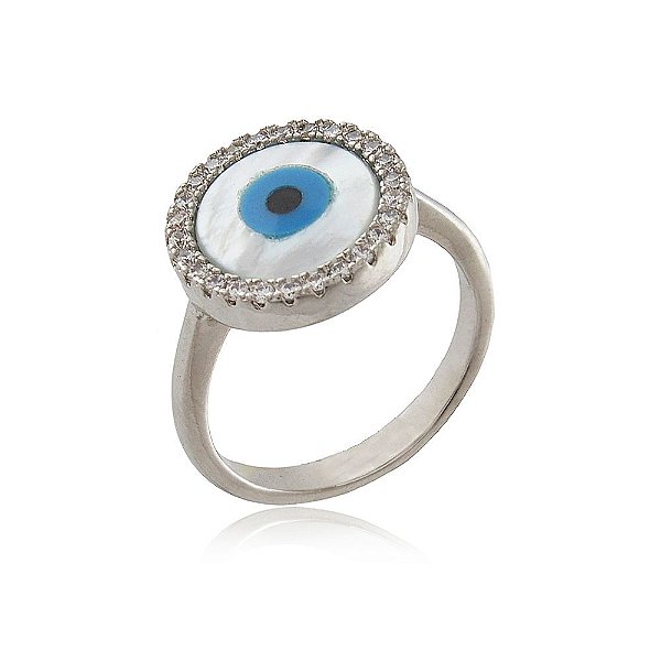 Anel Ródio Branco Olho Grego com Borda Cravejada de Zircônias
