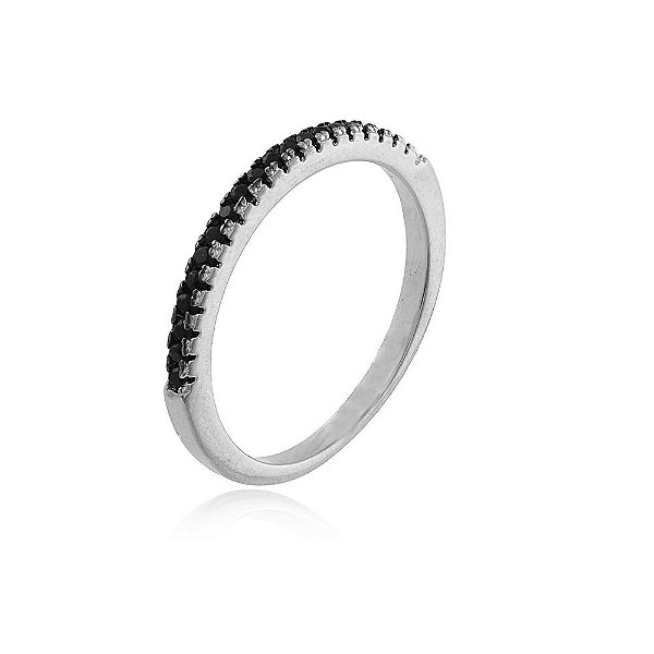 Anel Ródio Branco Meia Alianças com Pedras Naturais Pretas