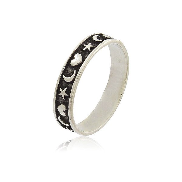 Anel Prata 925 Lua com Estrelas e Corações