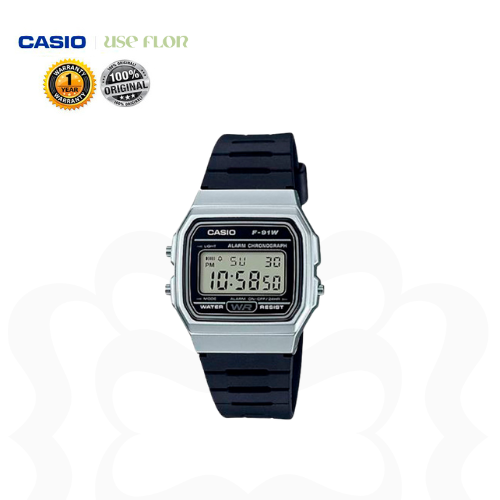 Relógio Casio Pulseira Borracha Caixa Prateada F-91WM-1B
