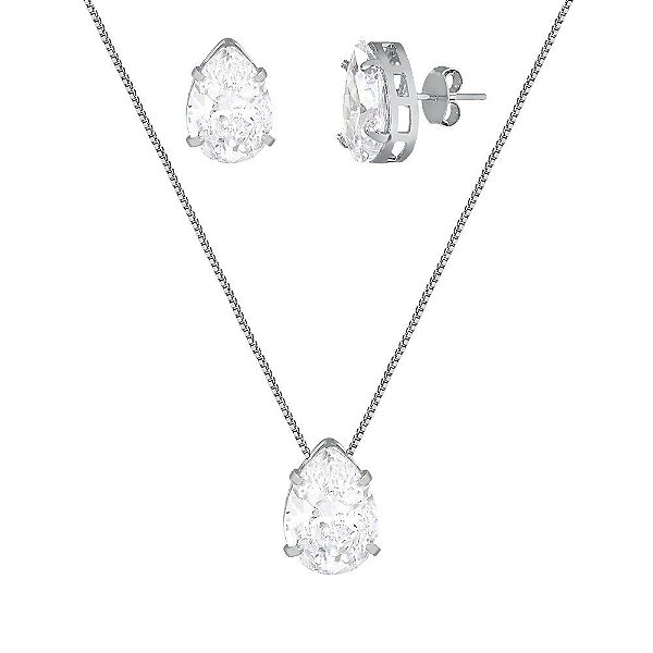 Conjunto Ródio Branco Gota de Zircônia