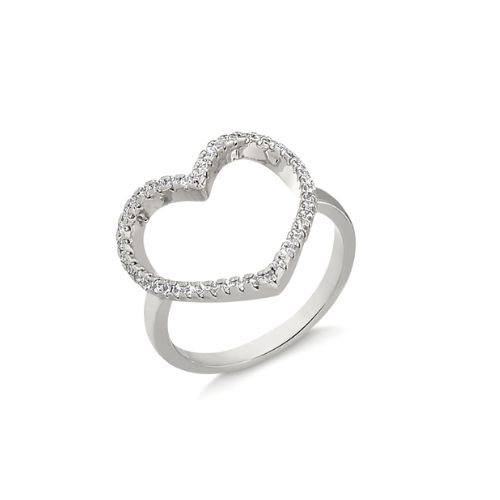 Anel Ródio Branco Coração Vazado Cravejado com Zircônia