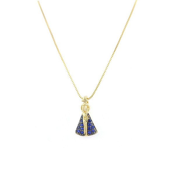 Colar Nossa Senhora Banhado com Manto Cravejado de Zircônia Azul