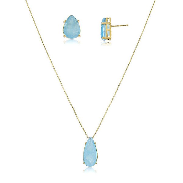 Conjunto Banhado Gota com Pedra Fusion Azul