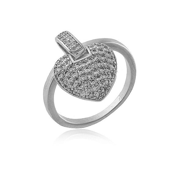 Anel Ródio Branco com Pingente de Coração Cravejado