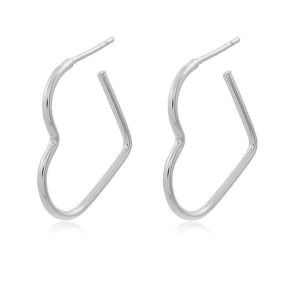 Brinco Argola Média Ródio Branco Formato de Coração