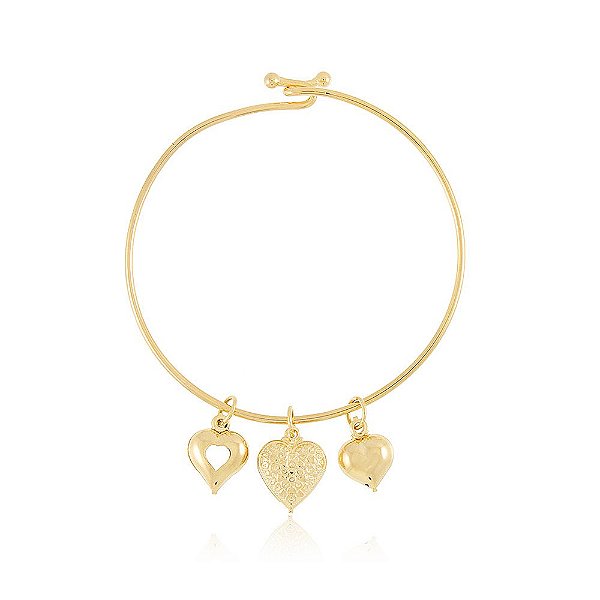 Pulseira Bracelete Banhado com Três Pingentes de Coração