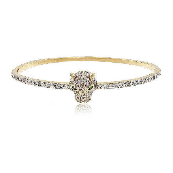 Pulseira Bracelete Banhado Pantera Face Olhos Verdes Zirconia
