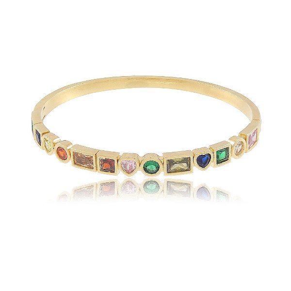 Pulseira Bracelete Banhado Geométricos com Pedras Coloridas