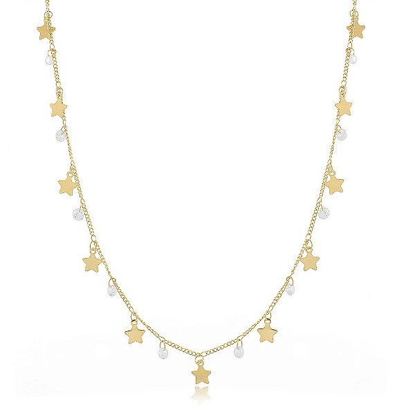 Colar Banhado Choker Estrelas e Pontos de Luz de Zircônias Penduradas