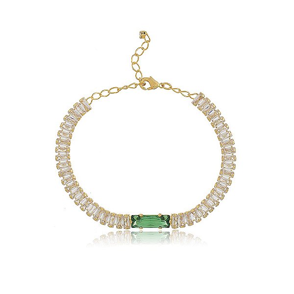 Pulseira Banhada Riviera Quadrada com Cristal Verde