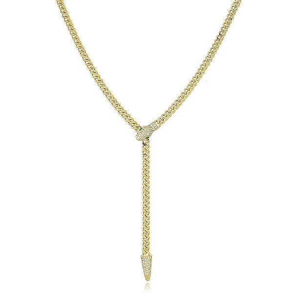 Colar Banhado Gravata Serpente Fio Grumet Grosso com Zircônia