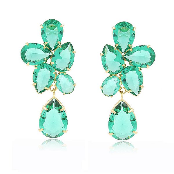 Brinco Banhado Gotas de Cristal Verde Esmeralda Cravejadas