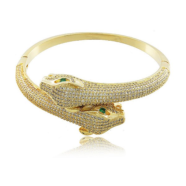 Pulseira Bracelete Banhado Pantera Cabeça Dupla Cravejado Zircônia
