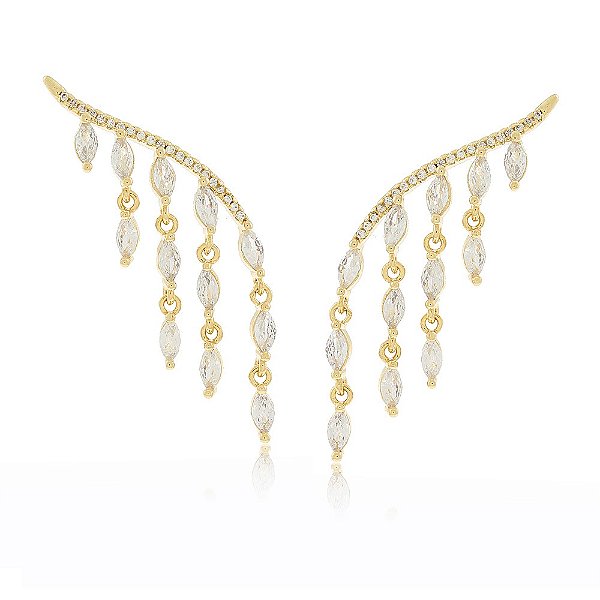 Brinco Banhado Ear Cuff com Zircônias Navetes Penduradas