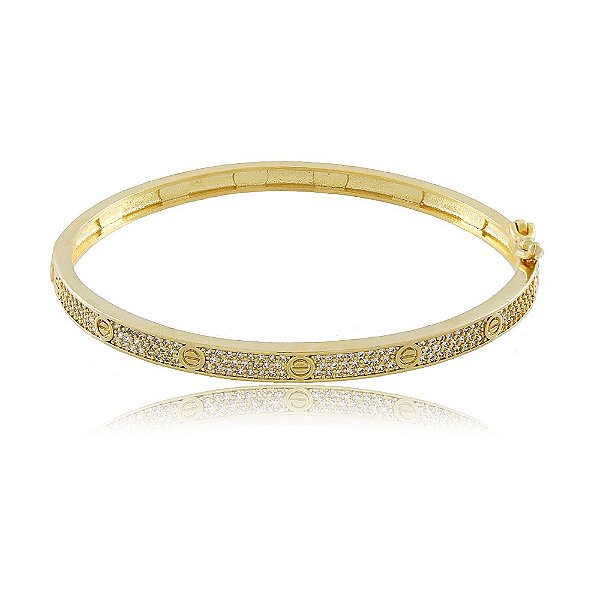 Pulseira Bracelete Banhado Quadrado com Zircônia Detalhe Liso Frente