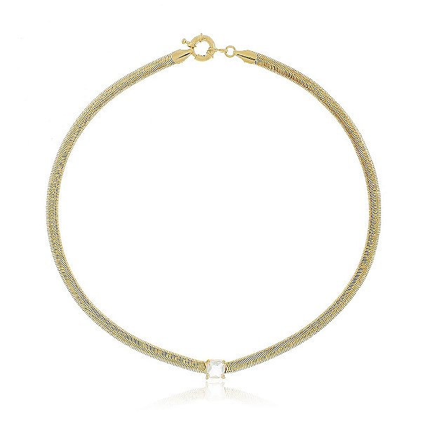 Colar Banhado Fio Serpente Diamantado com Zircônia Quadrada no Meio