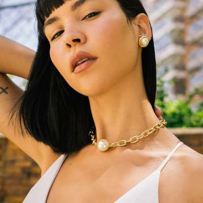 Colar Banhado Elos Grossos com Pérola Grande