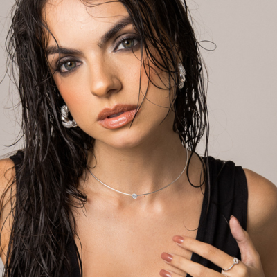 Colar Prata 925 Aro Gargantilha Fio Liso com Ponto de Luz Zircônia