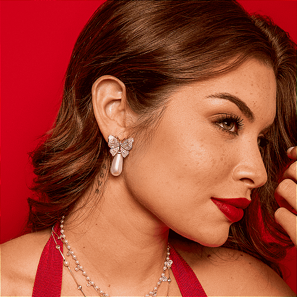 Brinco Banhado Borboleta com Pérola Gota e Zircônias