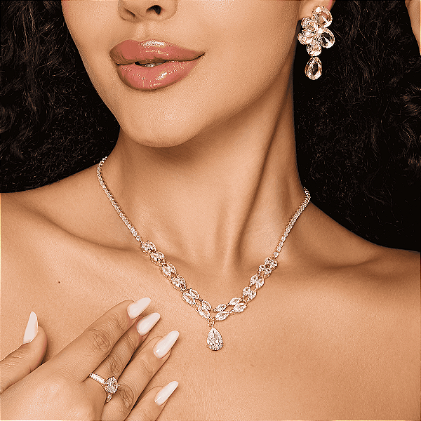 Cordão Banhado Gargantilha Riviera com Navetes e Gota