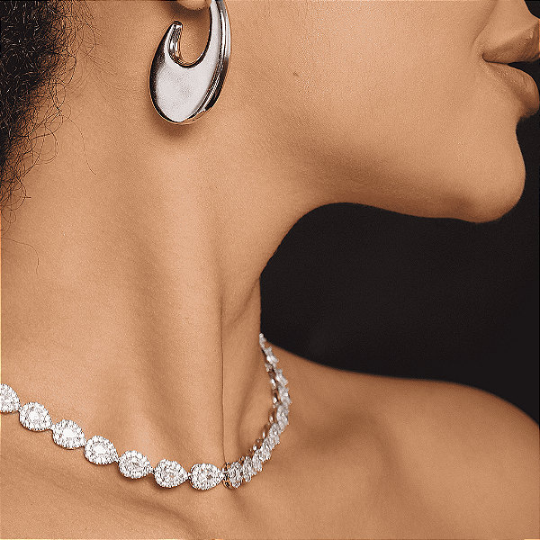 Cordão Ródio Branco Gargantilha com Gotas de Zircônia Laterais