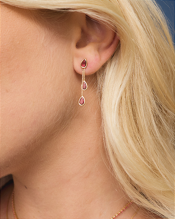 Brinco Pendente 3 Gotas Zircônias Rosa Pink
