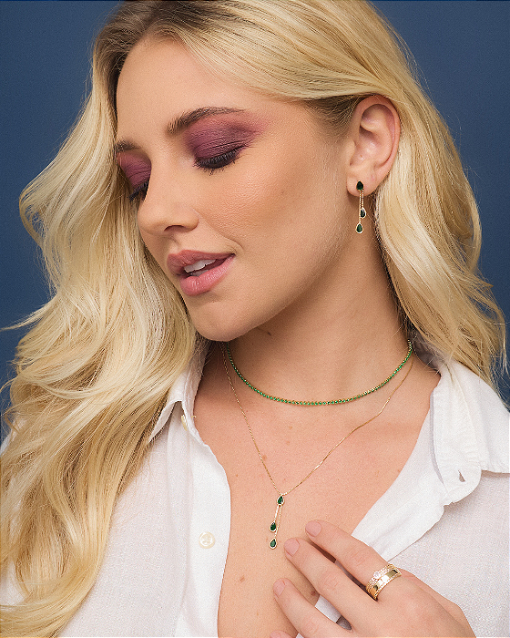 Colar Gravatinha 3 Gotas Zircônias Verde Esmeralda