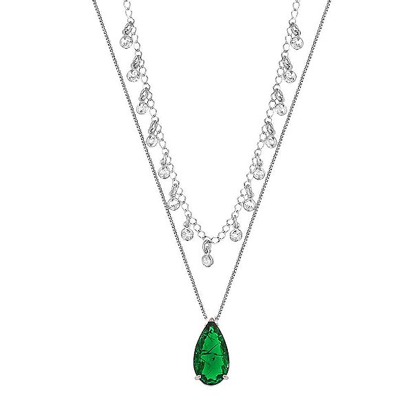 Colar Ródio Branco Duplo com Pontos de Luz e Pedra Fusion Verde Esmeralda