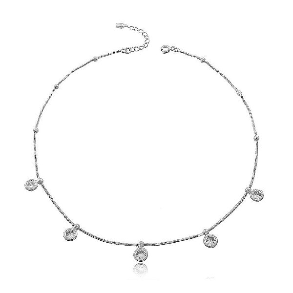 Colar Choker Ródio Branco Ponto de Luz com Zircônias