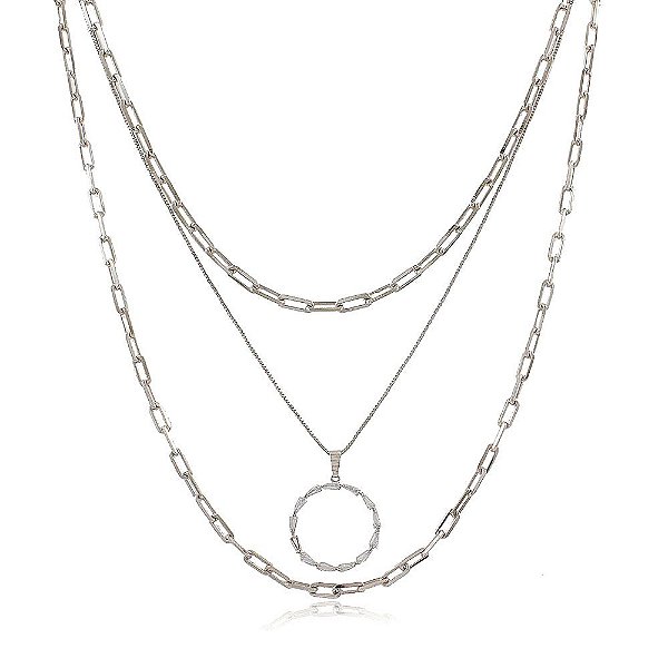 Colar Ródio Branco Mix Correntes com Aro Zircônia