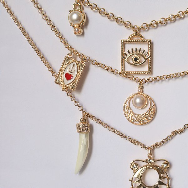 COLAR LONGO TRIPLO PINGENTES DOURADO
