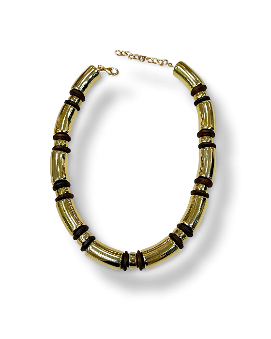 COLAR CANUTILHO COM MADEIRA RESINA METALIZADO DOURADO