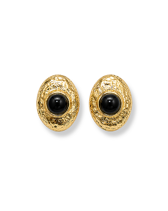 BRINCO PEQUENO OVAL FOSCO TRABALHADO RESINA PRETO C/ DOURADO